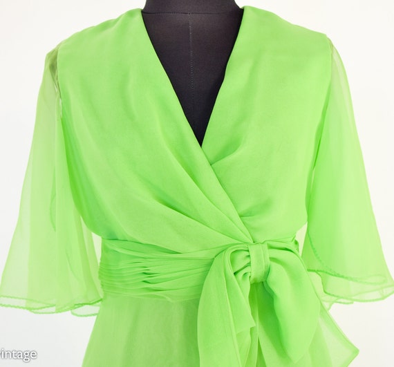 1960s Green Silk Chiffon Maxi Dress | 60s Lime Gr… - image 8