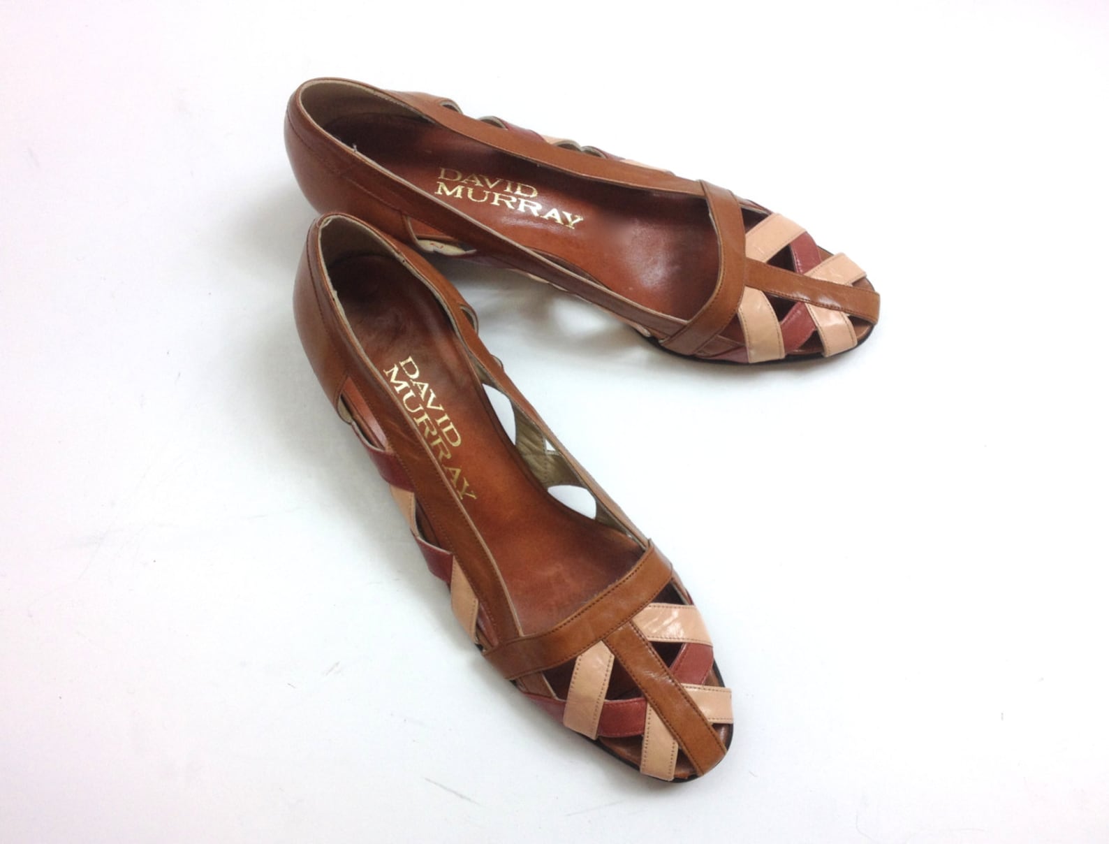 80s brown leather flats | woven leather ballet flats | two-tone leather flats | david murray | us 6 eu 36