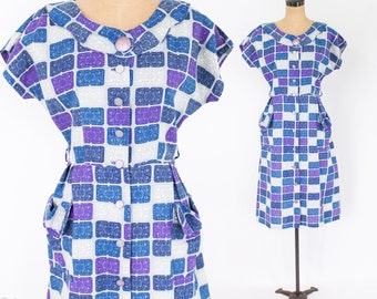 1950s Blue Cotton Day Dress | 50s Blue & Purple Squares Dress | Rockabilly | Loralyn | Medium