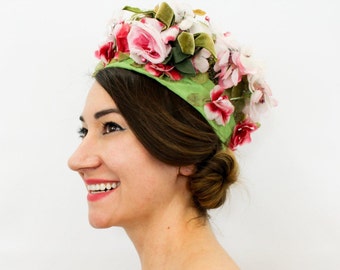 1960s Pink Silk Flower Hat | Vintage Pink Floral Green Ribbon Hat | Junior B