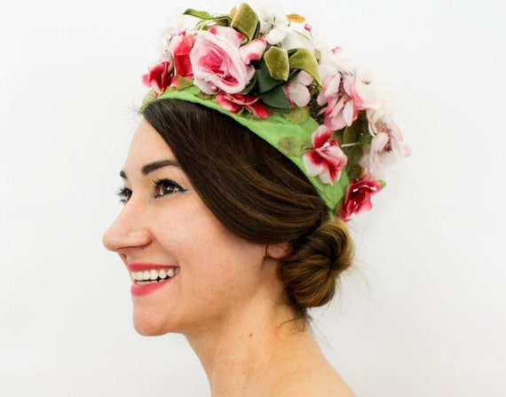 1960s Pink Silk Flower Hat | Vintage Green Ribbon, Junior B 