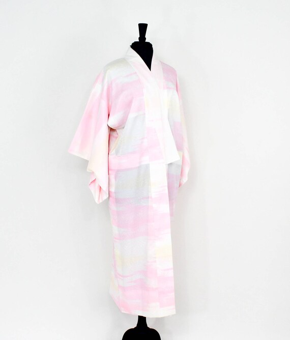 1960s Pink & White Print Kimono | 60s Pink Summer… - image 3