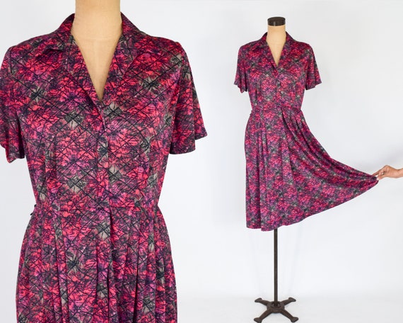 1950s Pink Atomic Print Dress | 50s Pink & Gray N… - image 1