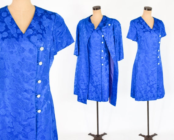 1960s Blue Brocade Dress & Coat | 60s Royal Blue … - image 2