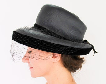 1950s Black Wide Brim Straw Hat | 50s Black Straw Hat | Himelhoch's