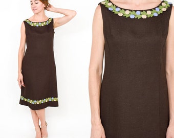 Vestido evasê marrom de linho dos anos 50 | Vestido vintage marrom sem mangas | Um modelo da Yardley Fashion, tamanho G