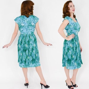 1950s Blue Silk Chiffon Floral Dress 50s Turquoise Blue Flowered Party Dress Marjorie Montgomery NWT Medium image 3