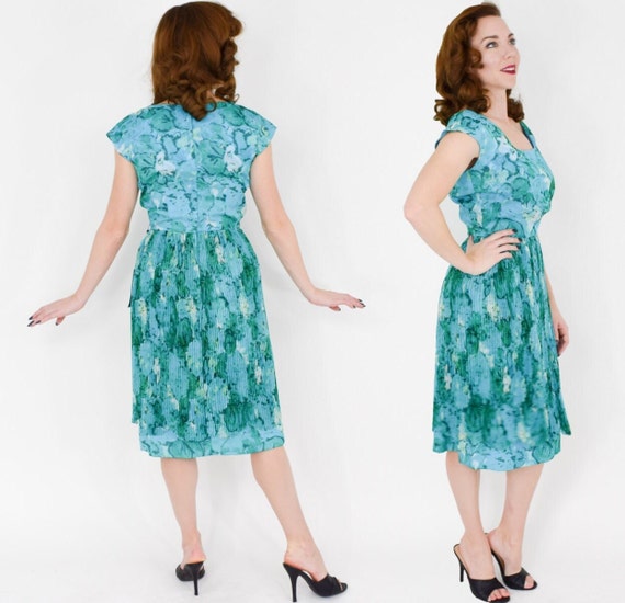 1950s Blue Silk Chiffon Floral Dress | 50s Turquo… - image 3