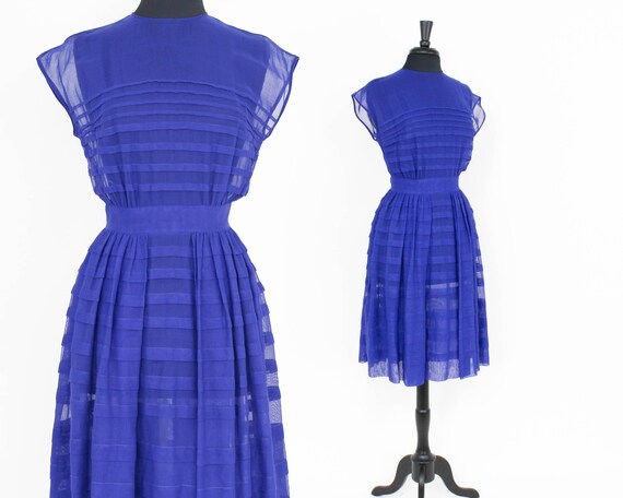 1950s Blue Chiffon Dress | 50s Royal Blue Chiffon