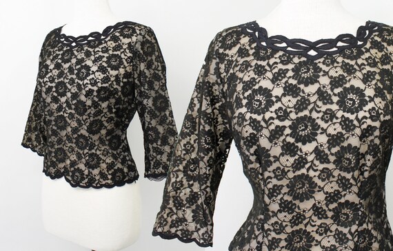 1950s Black Lace Blouse | 50s Black Floral Evening