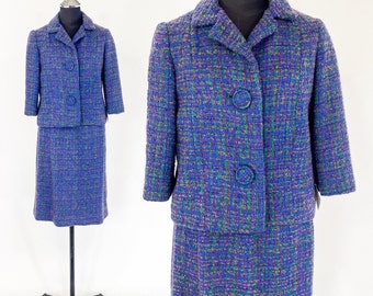 1960s Blue Plaid Wool Suit | 60s Purple Plaid Tweed Suit | Jackie O | Medium