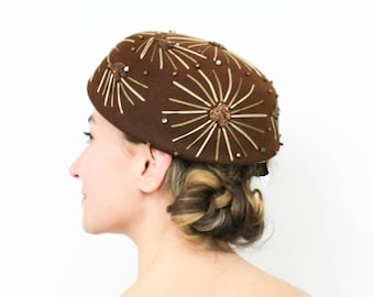 1950s Brown Wool Felt Hat | Vintage Brown Embroidered Starburst Hat