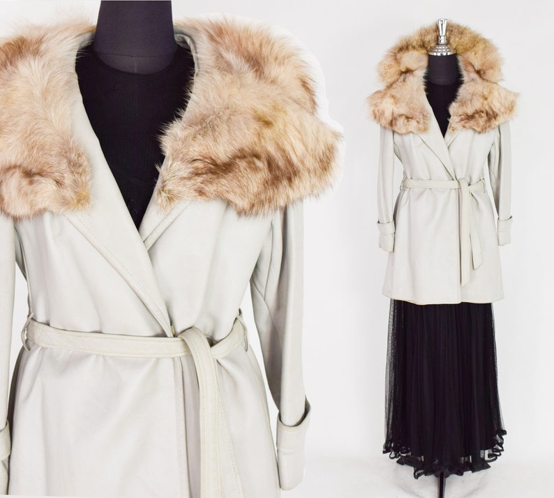 1960s Gray Leather Trench Coat 60s Dove Gray Fox Fur Collar Coat dan di modes Medium image 7