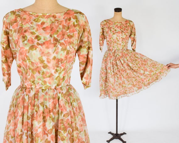 1950s Orange Floral Chiffon Dress | 50s Orange Chi