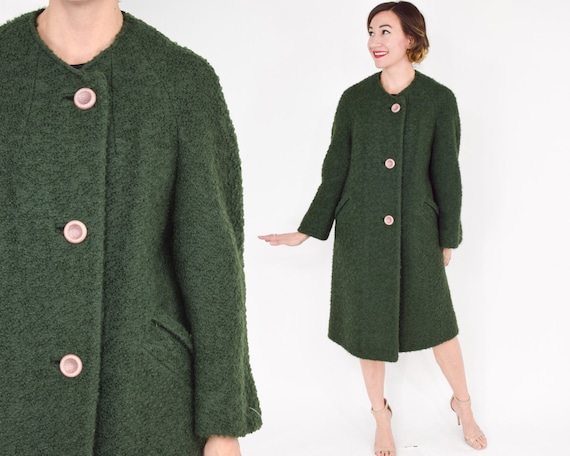 1960s Olive Green Boucle Wool Coat | 50s Green Win