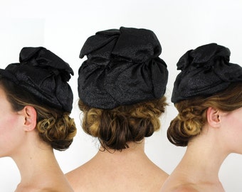 1950s Black Sparkle Cocktail Hat | 50s Black Evening Hat | Don Anderson New York