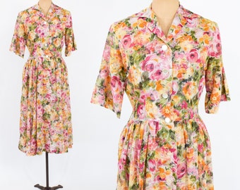 1950s Orange Sheer Cotton Floral Dress | 50s Orange & Pink Shirtwaist Dress | California Cottons | Medium