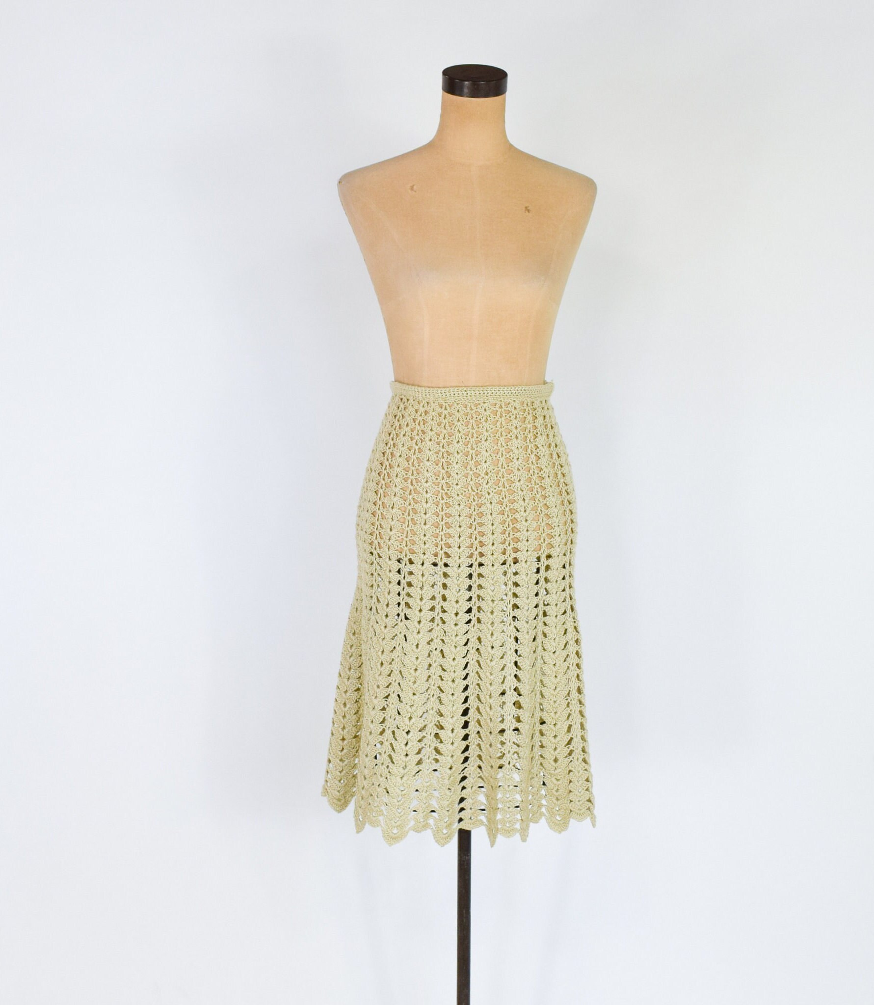 1970s Crochet Knit Skirt Set | Beige Cotton Bohemian Outfit, Small 