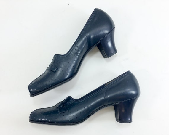 1940s Navy Peep Toe Heels | 40s Navy Leather Heel… - image 2