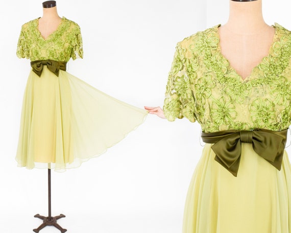 1950s Green Lace & Chiffon Party Dress | 50s Oliv… - image 2