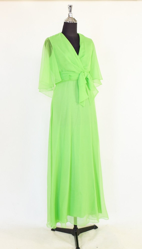 1960s Green Silk Chiffon Maxi Dress | 60s Lime Gr… - image 3