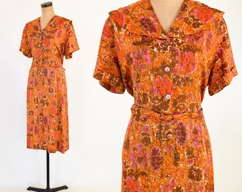 1950s Orange Print Dress |  50s Orange & Brown Print Day Dress | Large