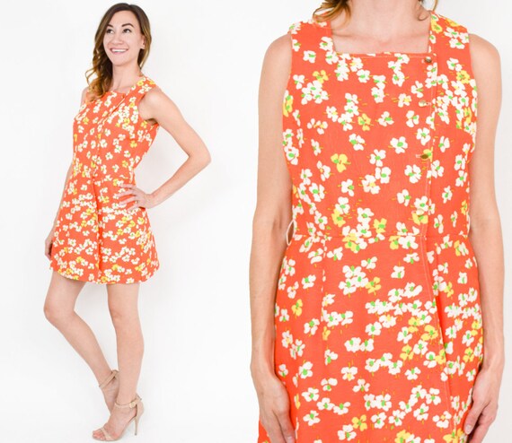 1960s Orange Floral Romper | 60s Orange Print Scoo