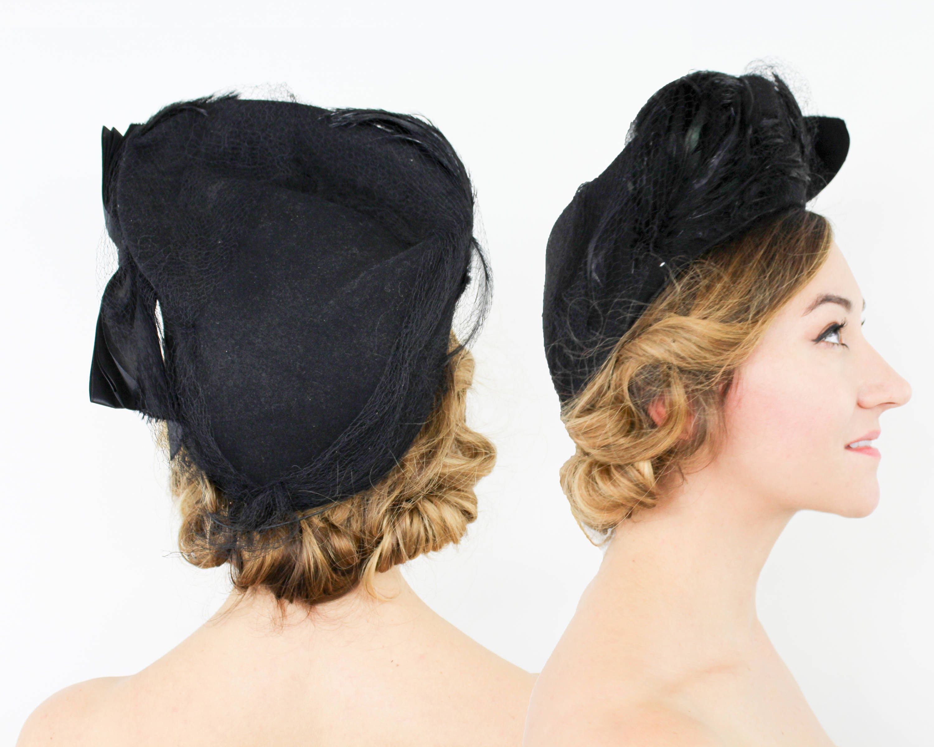 UNIQUE 1940s\' BLACK TILT HAT MADE OF CORDE + B/W FEATHERS & SEE-THROUGH BUTTONS 1940s Hat - Dramatic Vintage 40s Tilt Hat With Multicolored  main image 3