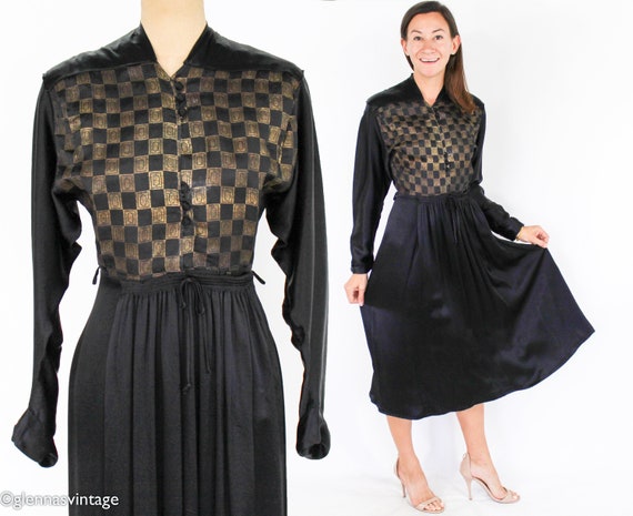 Tula | 1940s Gold & Black Silk Dress | 40s Black … - image 2