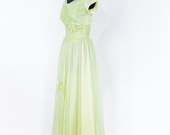1950s Vintage Lime Green Evening Dress | Citron Long Formal, Small