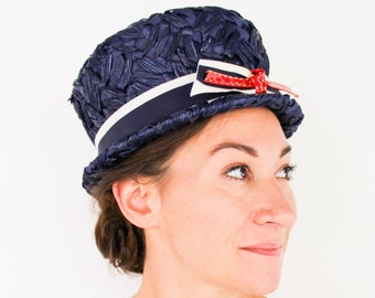 1960s Navy Woven Hat | 60s Navy Woven Raffia Hat | Navy Woven Bucket Hat | Jackie O | Frederick & Nelson Seattle