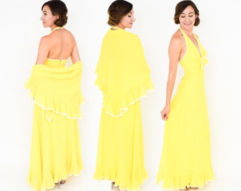 1970s Yellow Halter Dress & Wrap | 70s Yellow Ruffle Cotton Maxi Dress | Miss Elliotte | Small