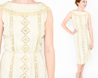 1950s Beige Irish Linen Dress | 50s Beige Creme Linen & Lace Shift Dress  | Creme Sleeveless Linen Dress | Caryle | Medium