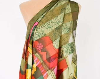 1980s Picasso Green Scarf | 80s Olive Green Print Scarf | Picasso