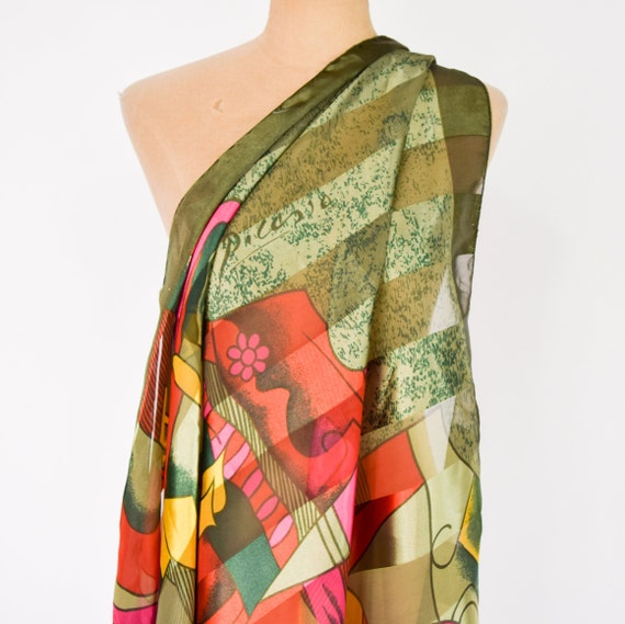 1980s Picasso Green Scarf | 80s Olive Green Print… - image 1