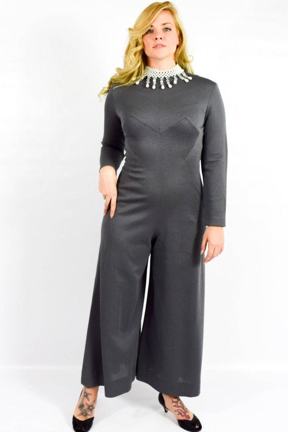 1970s Gray Palazzo Jumpsuit | 70s Gray Knit Jumps… - image 2