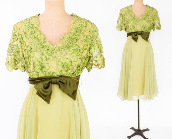 1950s Green Lace & Chiffon Party Dress | 50s Oliv… - image 1