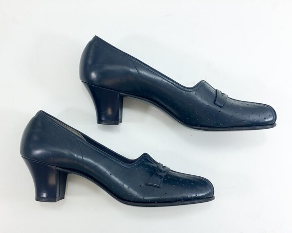 1940s Navy Peep Toe Heels | 40s Navy Leather Heel… - image 4