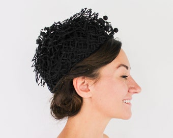 SOLD.....1950s Black Hat | 50s Black Lace Squares Hat | Maria Pia New York