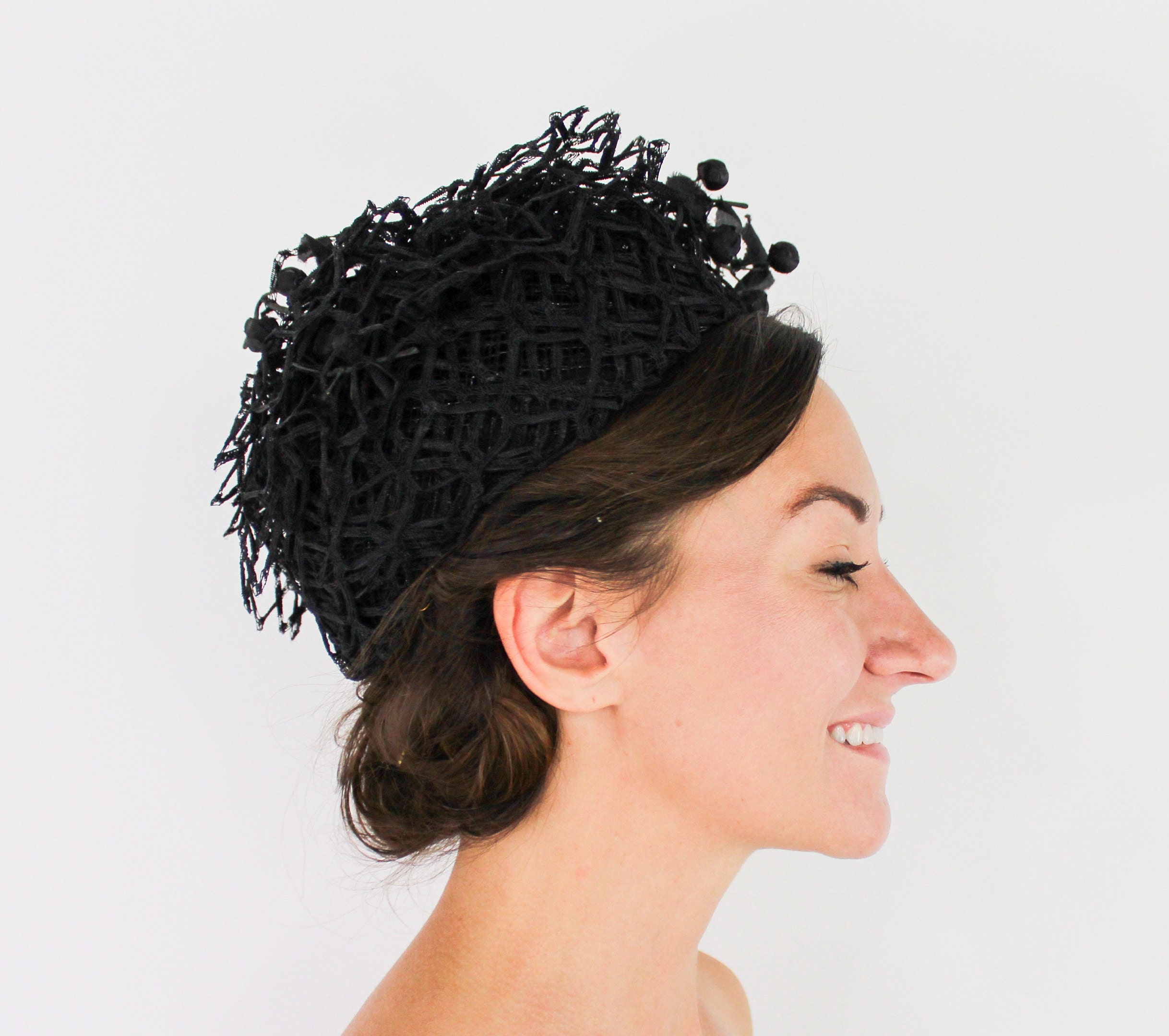 1950s Black Hat 50s Black Lace Squares Hat Maria Pia New - Etsy UK