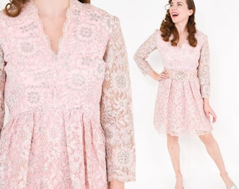 1960s Pink Lace Mini Dress | 60s Pink Metallic Lace Cocktail Dress | Saks Fifth Avenue | Medium