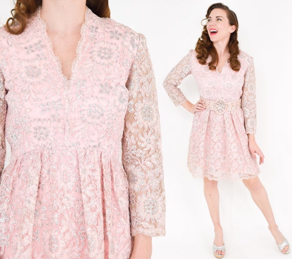 1960s Pink Lace Mini Dress | 60s Pink Metallic La… - image 1