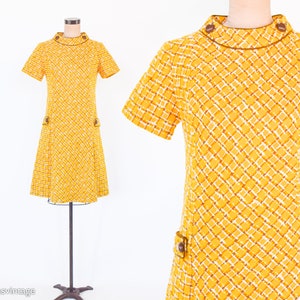 1960s Yellow Wool Plaid Dress 60s Gold Plaid Shift Dress Twiggy Style Medium image 1