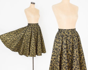 1950s Black Quilted Circle Skirt | 50s Black & Gold Quilted Swing Skirt | Mc Arthur Ltd. | X Small