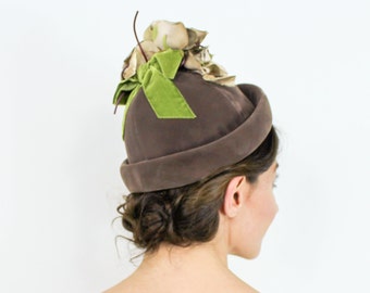 1950s Brown Velvet Hat | 50s Brown Velvet Flower Hat | Brown Rose Top Hat