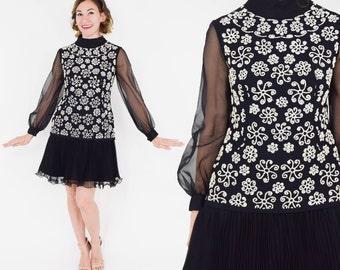 1960s Black Chiffon Party Dress | 60s Black & White Beaded Chiffon Dress | Drop Waist Dress | Small