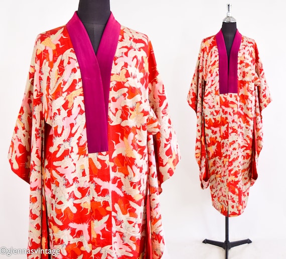 1940s Vintage Red Silk Kimono | 40s White Cranes … - image 1