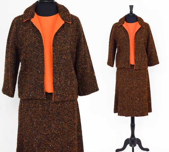1960s Brown Wool Suit | 60s Brown Orange Wool 3 P… - image 1