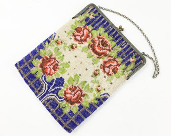 1900s Red Roses Beaded Handbag | Blue & Red Beaded Roses Handbag