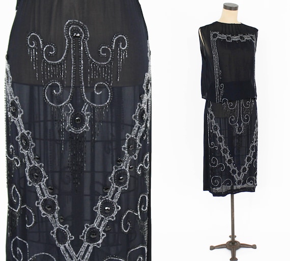 1920s Black Silk Chiffon Beaded Set | 20s Black Si